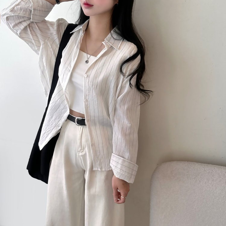ストライプベーシックルーズ長袖シャツ IVORY