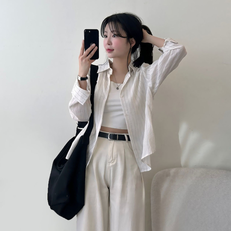 ストライプベーシックルーズ長袖シャツ IVORY