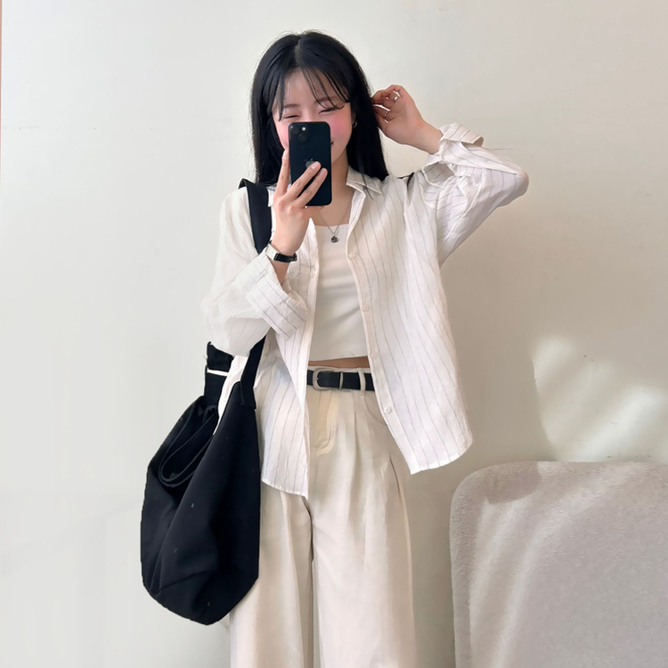 ストライプベーシックルーズ長袖シャツ IVORY