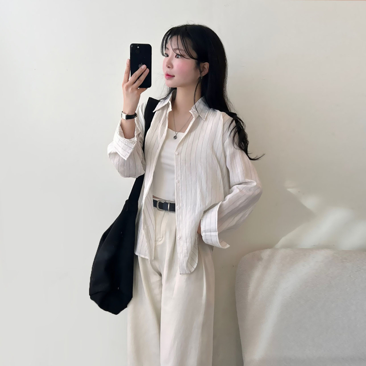 ストライプベーシックルーズ長袖シャツ IVORY