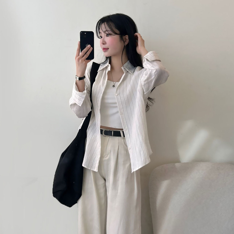 ストライプベーシックルーズ長袖シャツ IVORY