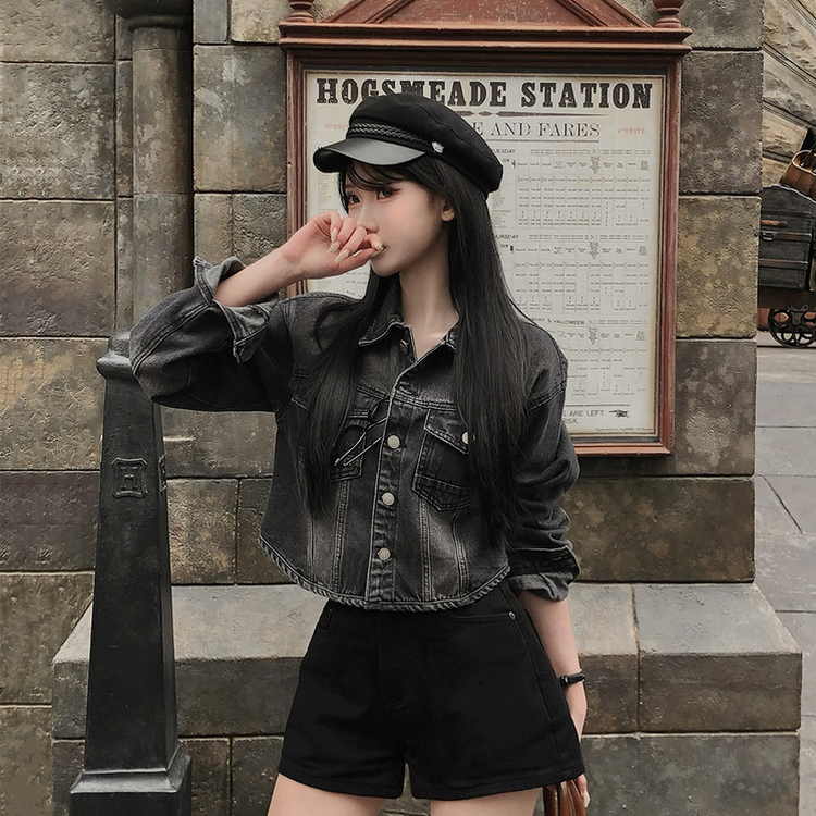 クロップラウンドデニムジャケット BLACK DENIM