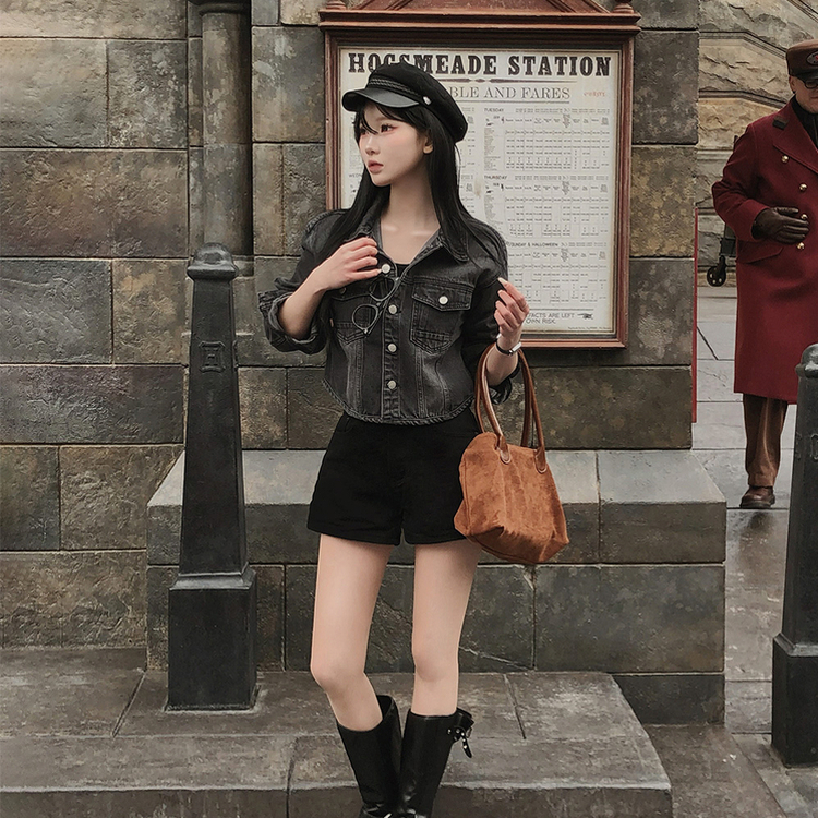 クロップラウンドデニムジャケット BLACK DENIM