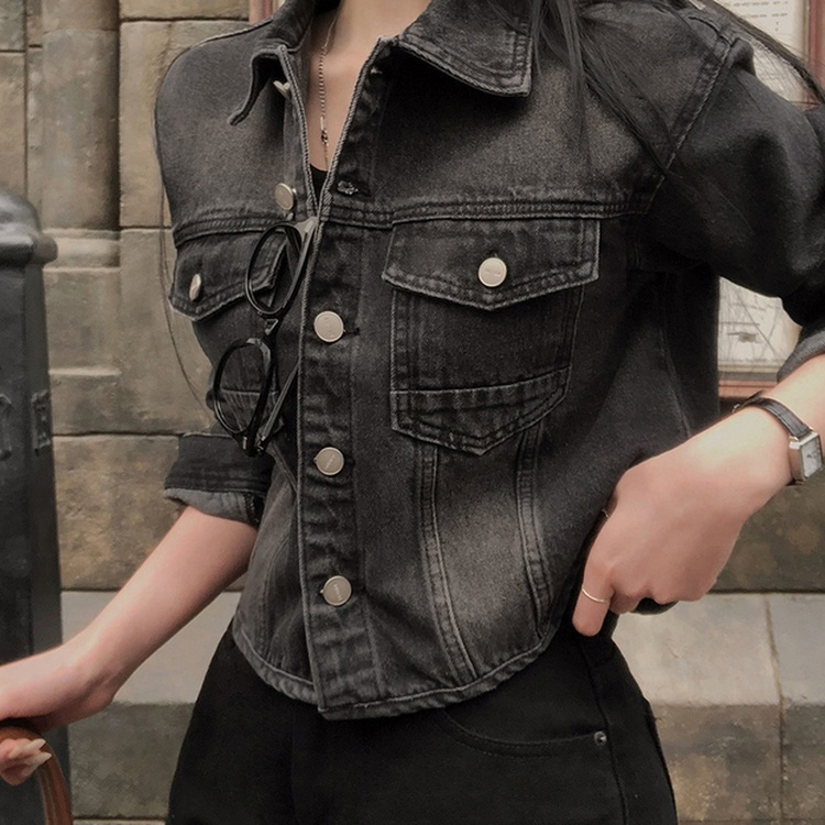 クロップラウンドデニムジャケット BLACK DENIM