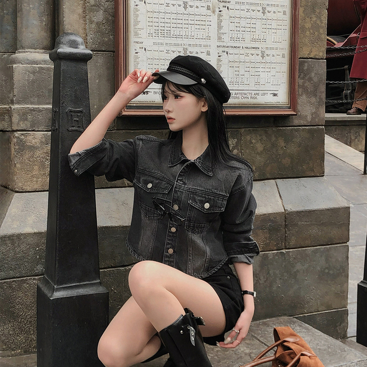 クロップラウンドデニムジャケット BLACK DENIM