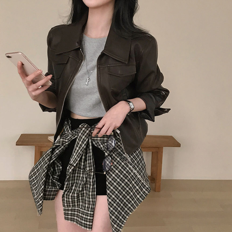 ポケットスリムレザージャケット BROWN