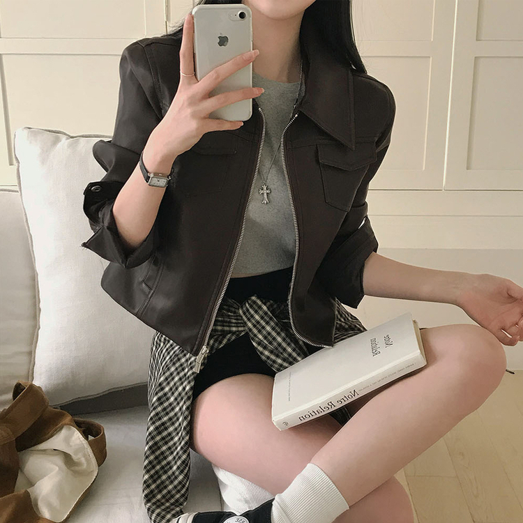 ポケットスリムレザージャケット BROWN