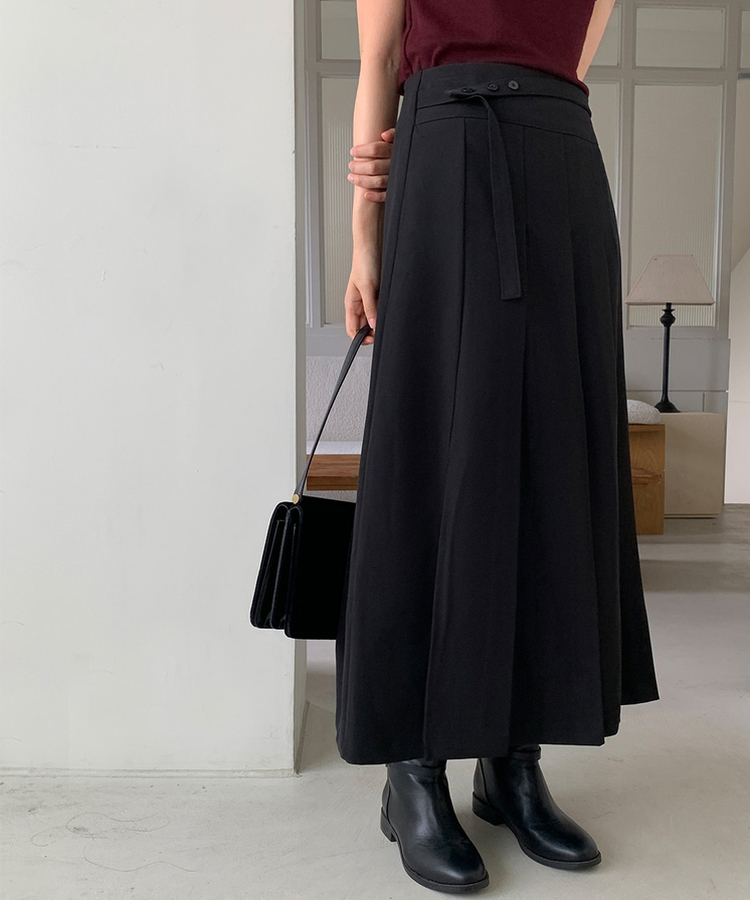 ボタンプリーツロングスカート BLACK