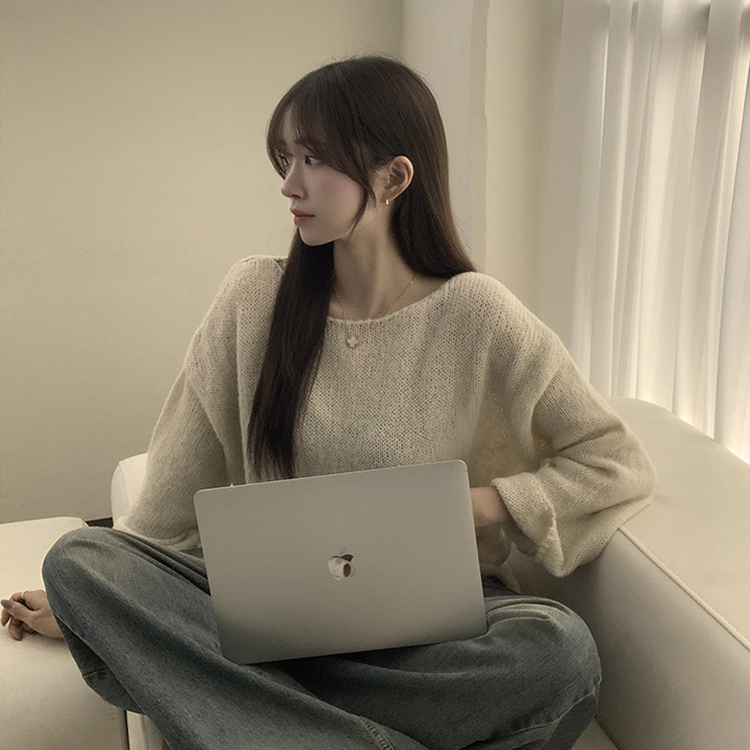 チュロスボートネックオーバーフィットシースルー春冬長袖オフショルダールーズフィットニットボクシーフィット上着(5color) IVORY