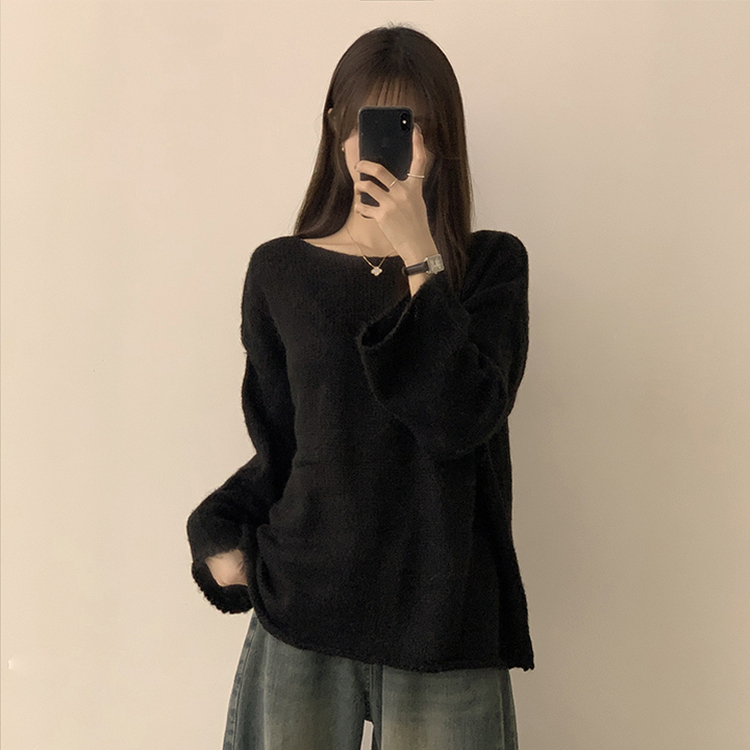 チュロスボートネックオーバーフィットシースルー春冬長袖オフショルダールーズフィットニットボクシーフィット上着(5color) BLACK