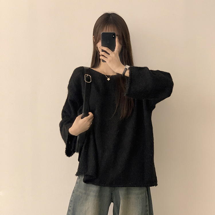 チュロスボートネックオーバーフィットシースルー春冬長袖オフショルダールーズフィットニットボクシーフィット上着(5color) BLACK
