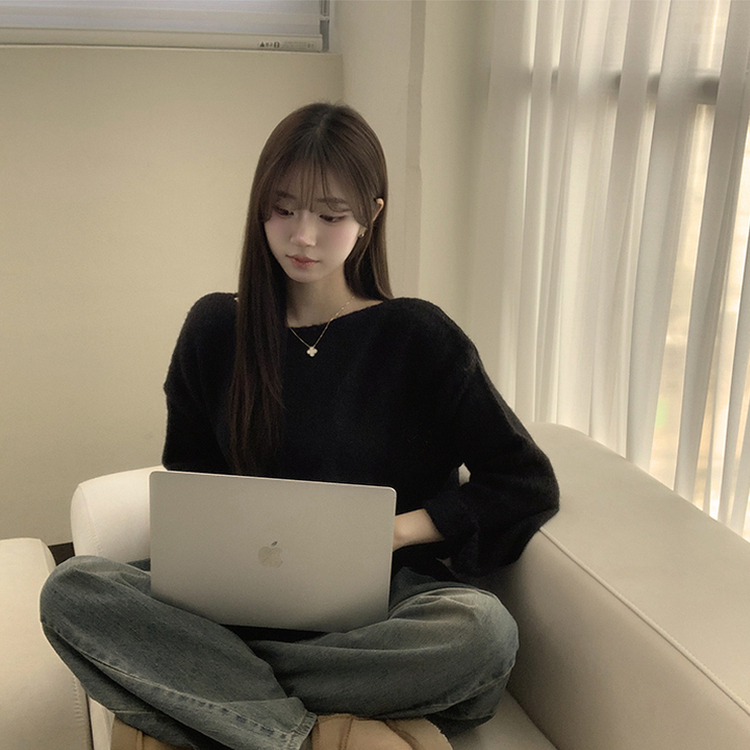 チュロスボートネックオーバーフィットシースルー春冬長袖オフショルダールーズフィットニットボクシーフィット上着(5color) BLACK