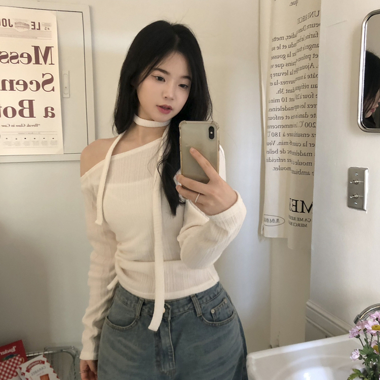 【マフラー付き】ワンオフショルダー長袖Tシャツ IVORY