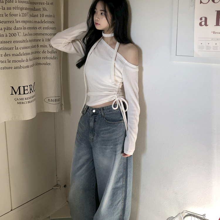 【マフラー付き】ワンオフショルダー長袖Tシャツ IVORY