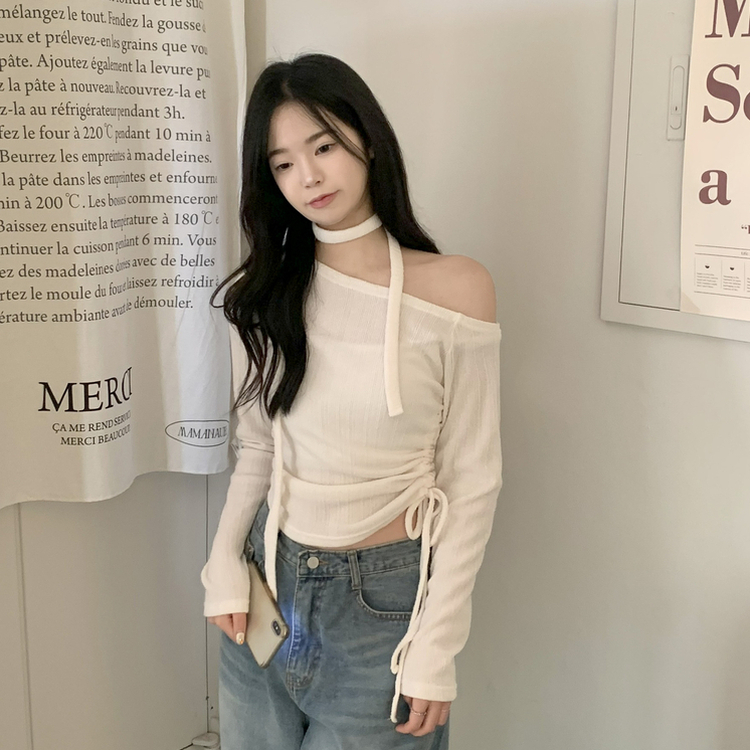 【マフラー付き】ワンオフショルダー長袖Tシャツ IVORY