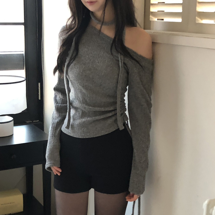 【マフラー付き】ワンオフショルダー長袖Tシャツ GREY