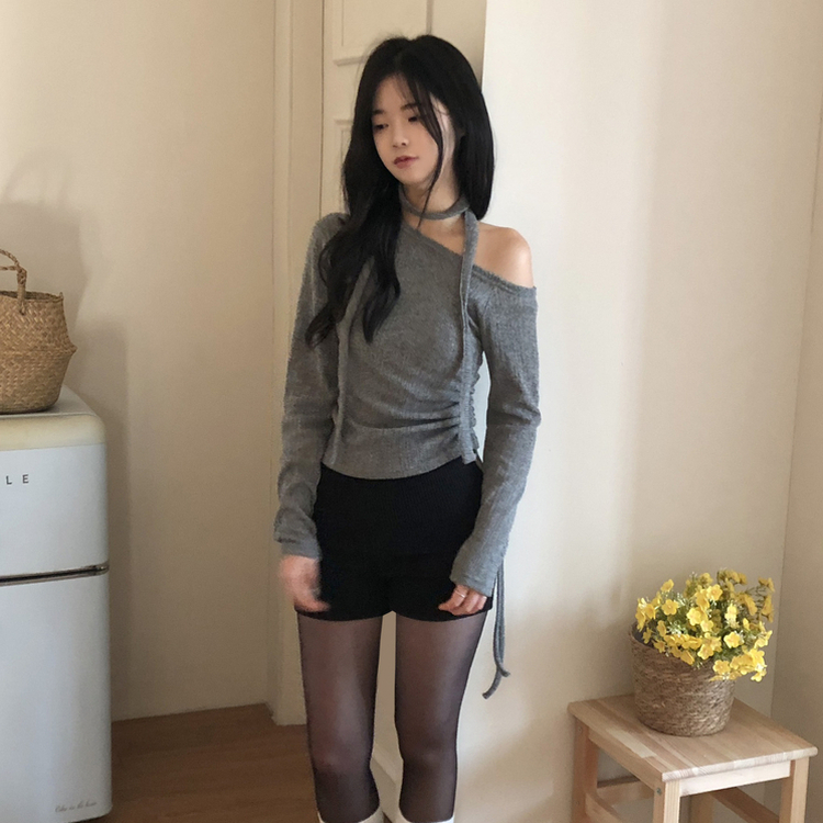 【マフラー付き】ワンオフショルダー長袖Tシャツ GREY