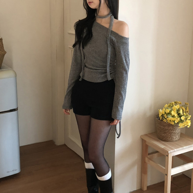 【マフラー付き】ワンオフショルダー長袖Tシャツ GREY