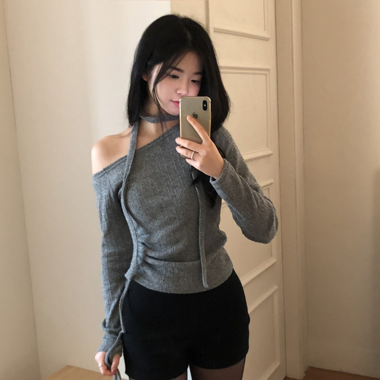 【マフラー付き】ワンオフショルダー長袖Tシャツ GREY