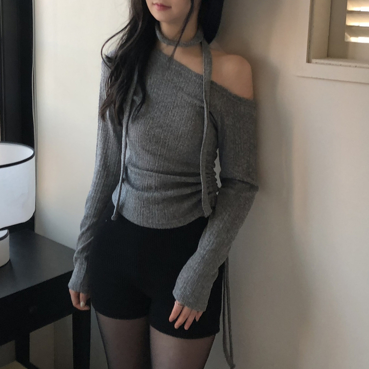 【マフラー付き】ワンオフショルダー長袖Tシャツ GREY