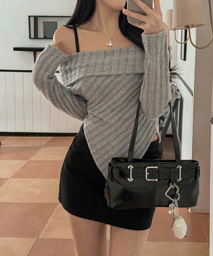 オフショルダーウールニット GREY