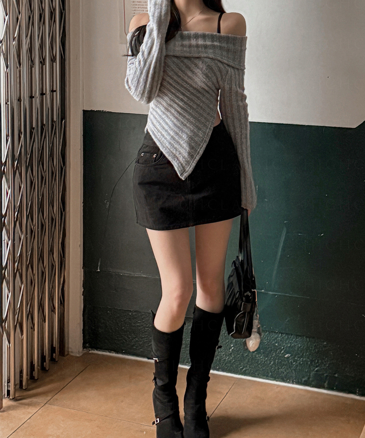 オフショルダーウールニット GREY