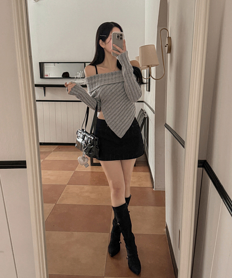 オフショルダーウールニット GREY