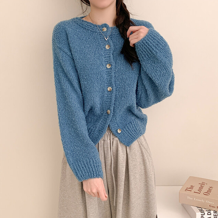 ドモモンラウンドネックニットセミクロップルーズフィットカーディガン BLUE