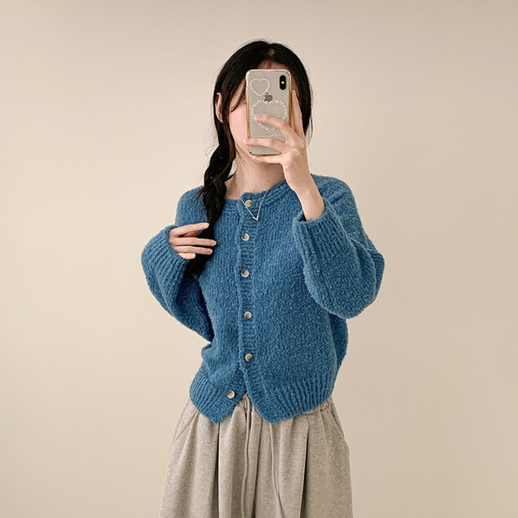 ドモモンラウンドネックニットセミクロップルーズフィットカーディガン BLUE