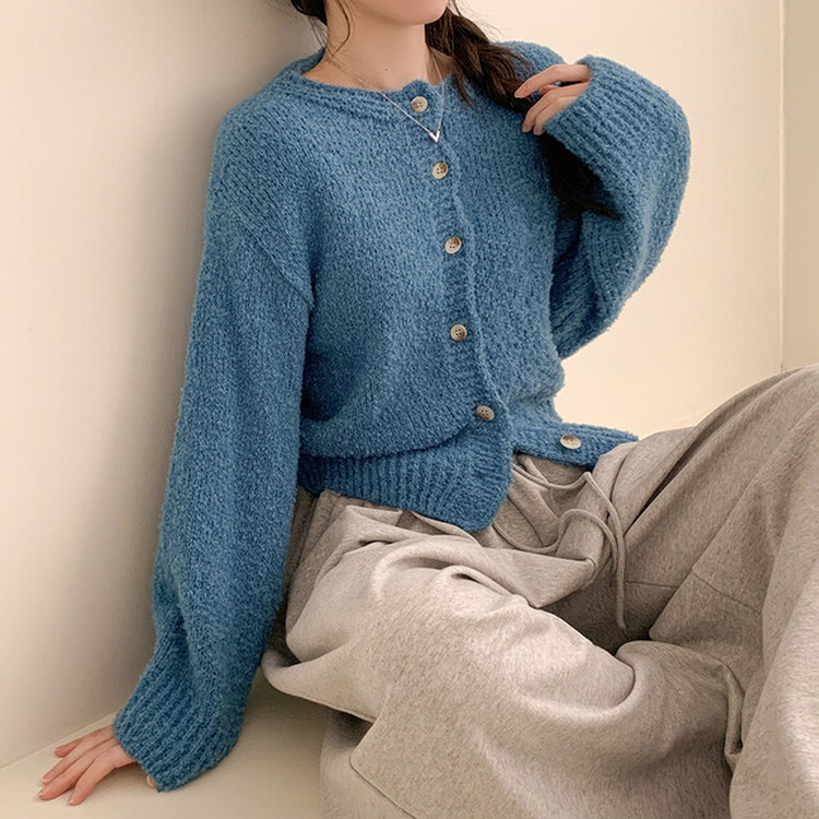 ドモモンラウンドネックニットセミクロップルーズフィットカーディガン BLUE