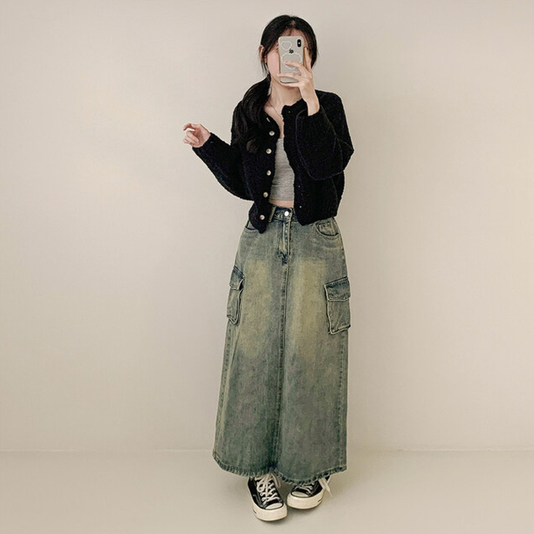 ドモモンラウンドネックニットセミクロップルーズフィットカーディガン BLACK