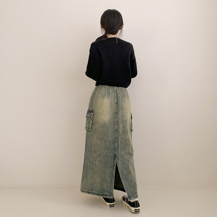 ドモモンラウンドネックニットセミクロップルーズフィットカーディガン BLACK