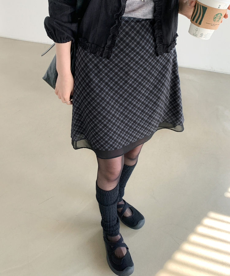 チェックシフォンミディスカート BLACK