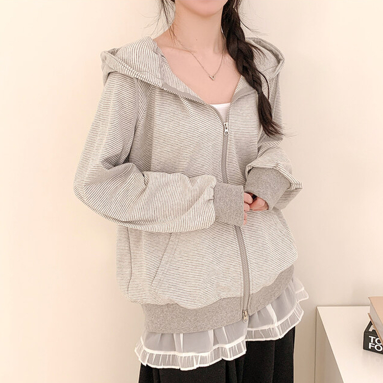 ストライプルーズフードジップアップ GREY