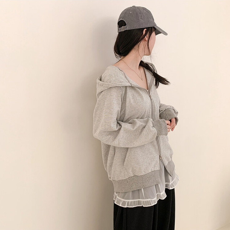 ストライプルーズフードジップアップ GREY