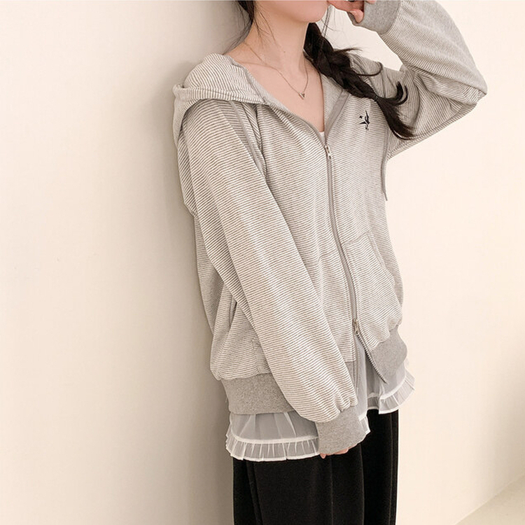 ストライプルーズフードジップアップ GREY