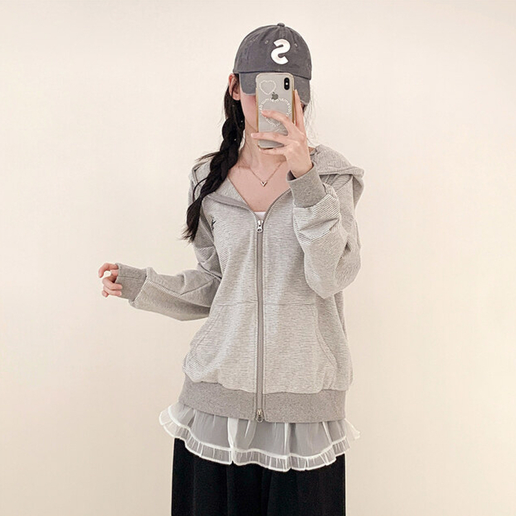 ストライプルーズフードジップアップ GREY