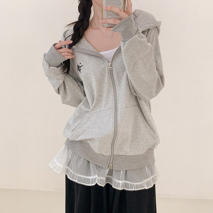ストライプルーズフードジップアップ GREY