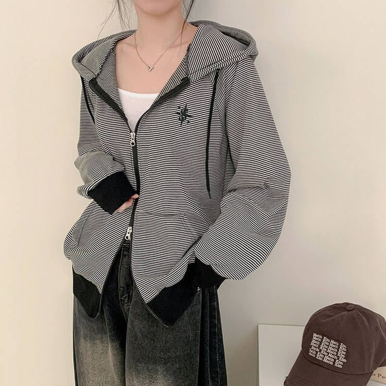 ストライプルーズフードジップアップ BLACK