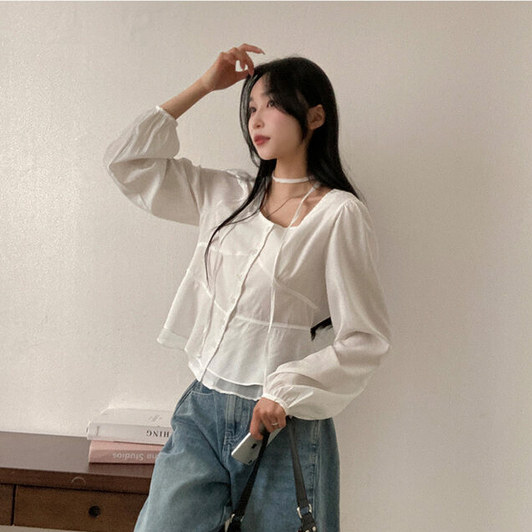 【マフラー付き】フリルスクエアパフブラウス WHITE