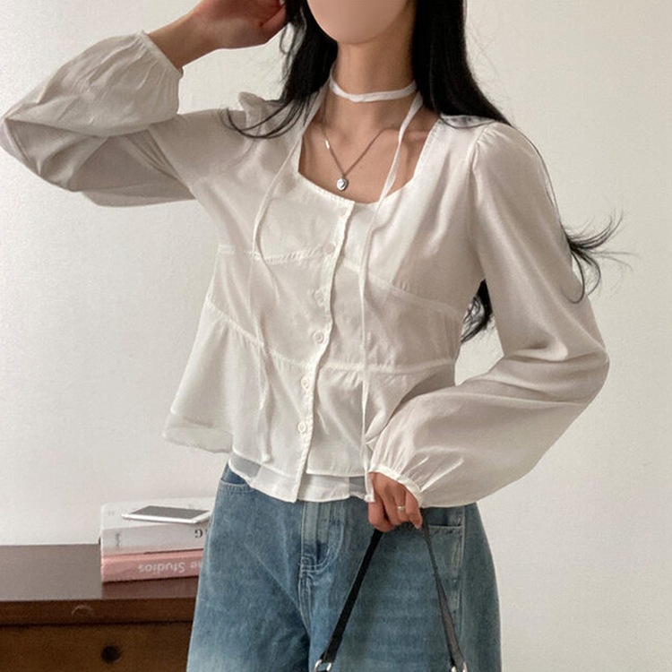 【マフラー付き】フリルスクエアパフブラウス WHITE