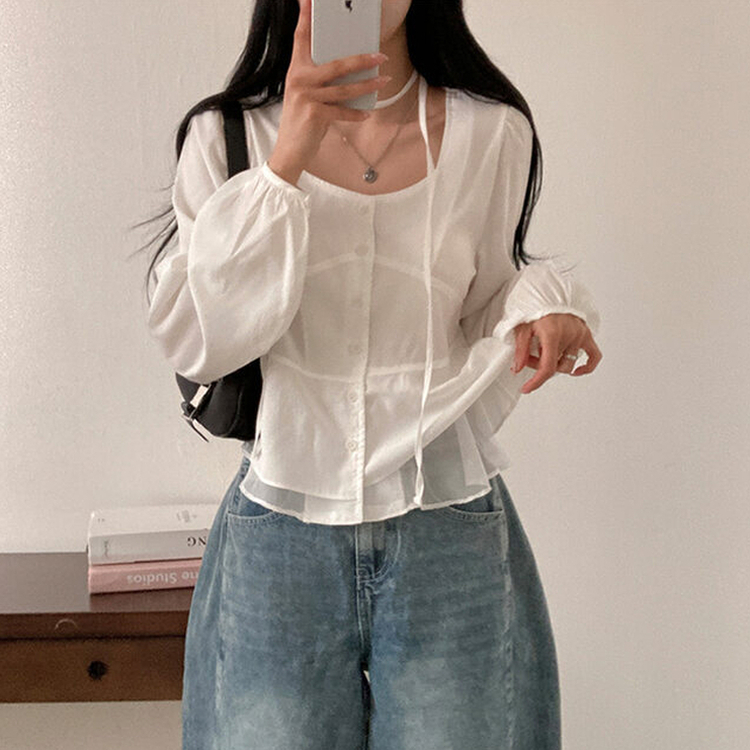 【マフラー付き】フリルスクエアパフブラウス WHITE