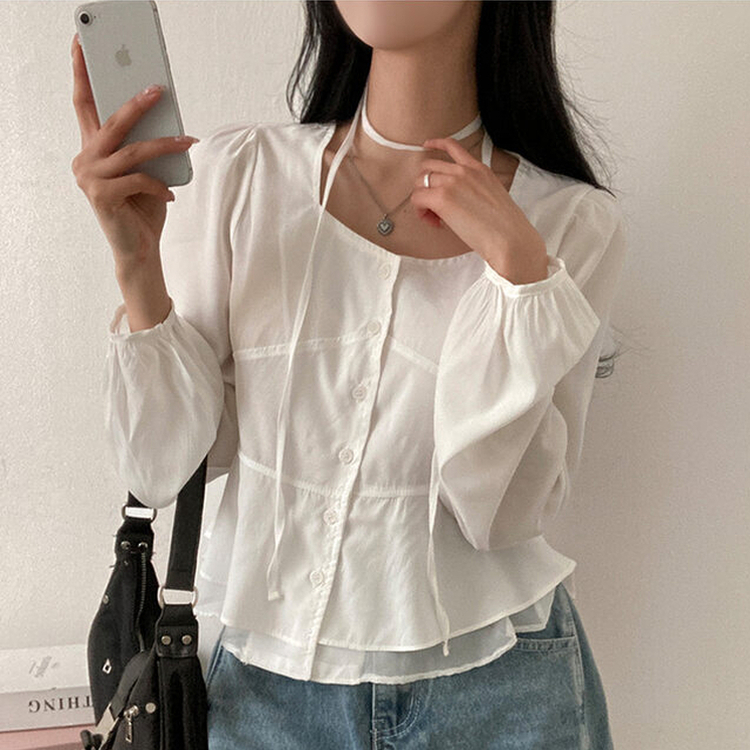 【マフラー付き】フリルスクエアパフブラウス WHITE