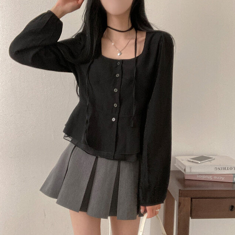 【マフラー付き】フリルスクエアパフブラウス BLACK