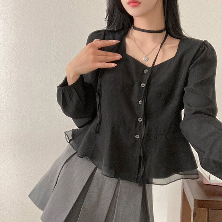 【マフラー付き】フリルスクエアパフブラウス BLACK
