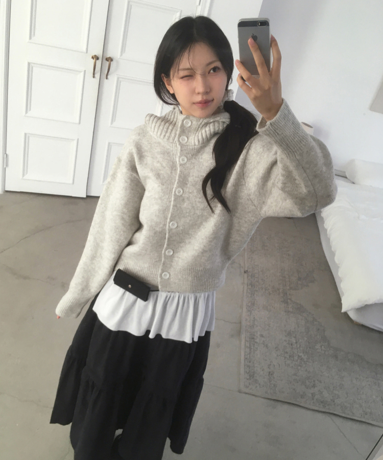 ハイネックボタンフードカーディガン GREY