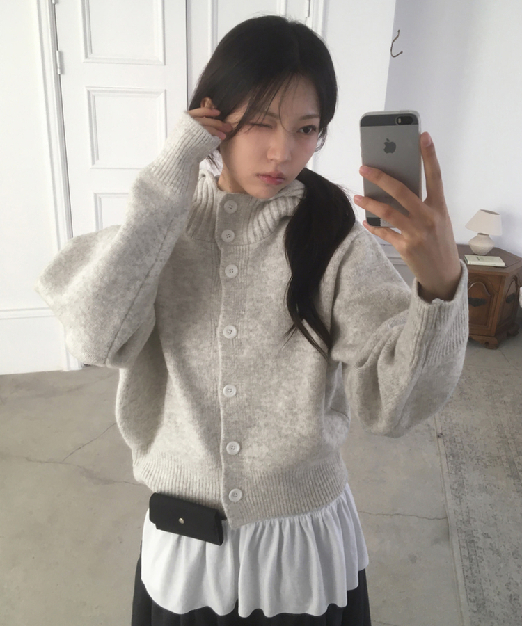ハイネックボタンフードカーディガン GREY