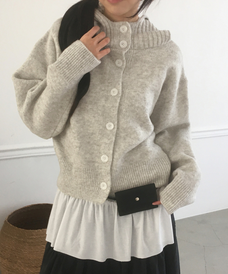 ハイネックボタンフードカーディガン GREY