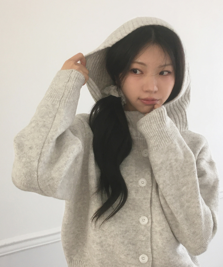 ハイネックボタンフードカーディガン GREY