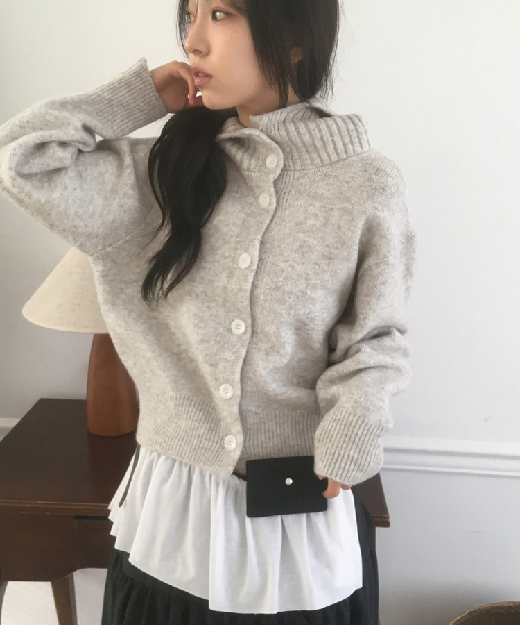 ハイネックボタンフードカーディガン GREY